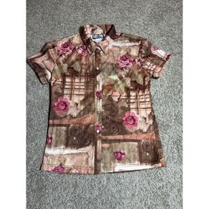 Street Code Vintage Floral Button Up  Brown Pink Short Sleeve Made in USA Y2K